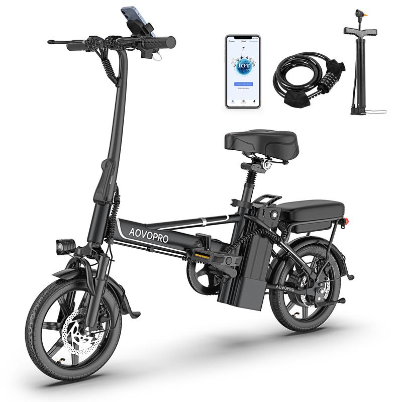 Bicicleta Eléctrica AOVOPRO & OLTVOGUE – 750W de Potencia Máxima, 35 km/h, Llantas Neumáticas de 14", Autonomía 35–65 km, Plegable, Asiento Doble y Altura Ajustable