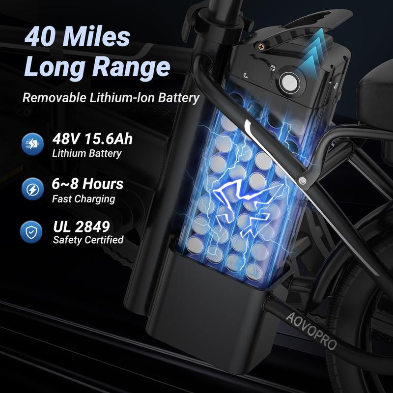 Bicicleta Eléctrica AOVOPRO & OLTVOGUE – 750W de Potencia Máxima, 35 km/h, Llantas Neumáticas de 14", Autonomía 35–65 km, Plegable, Asiento Doble y Altura Ajustable