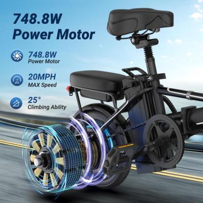 Bicicleta Eléctrica AOVOPRO & OLTVOGUE – 750W de Potencia Máxima, 35 km/h, Llantas Neumáticas de 14", Autonomía 35–65 km, Plegable, Asiento Doble y Altura Ajustable