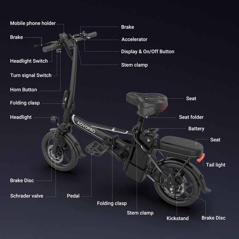 Bicicleta Eléctrica AOVOPRO & OLTVOGUE – 750W de Potencia Máxima, 35 km/h, Llantas Neumáticas de 14", Autonomía 35–65 km, Plegable, Asiento Doble y Altura Ajustable