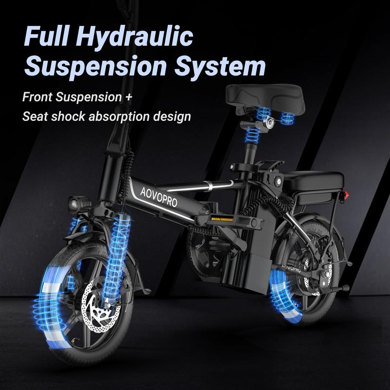Bicicleta Eléctrica AOVOPRO & OLTVOGUE – 750W de Potencia Máxima, 35 km/h, Llantas Neumáticas de 14", Autonomía 35–65 km, Plegable, Asiento Doble y Altura Ajustable