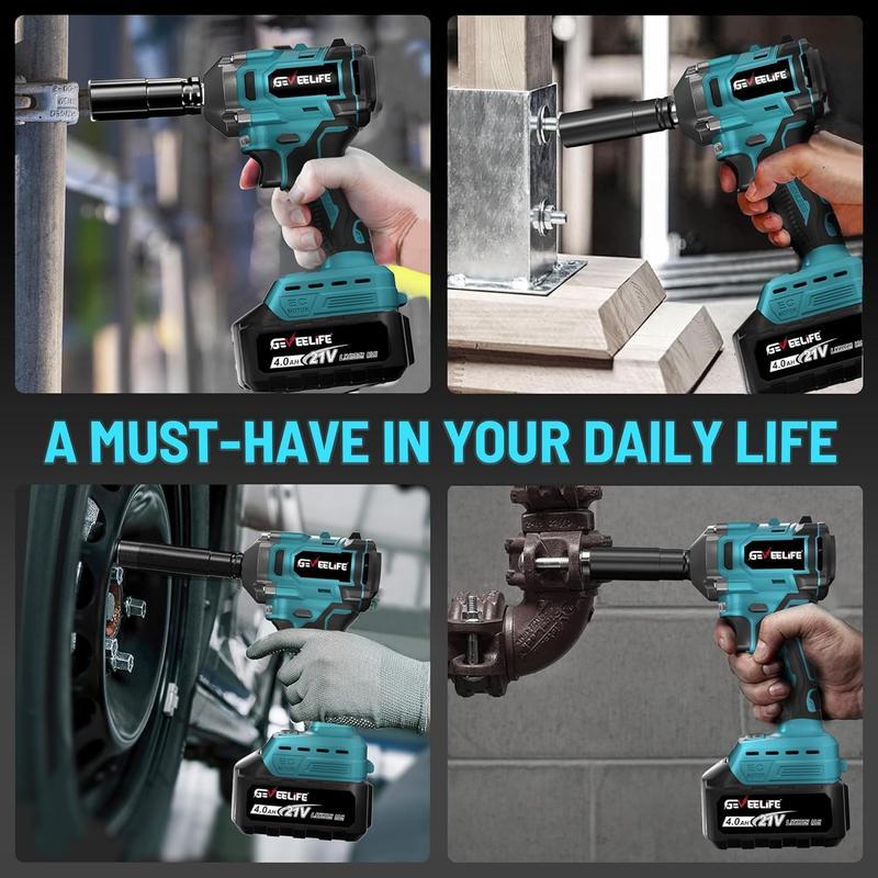 GEVEELIFE Llave de Impacto Inalámbrica 1/2" de Alto Torque 1200 N.m (900 Ft-lbs), Motor Sin Escobillas, Kit con 2 Baterías 4.0Ah, Cargador Rápido y 6 Dados, Herramienta Eléctrica para Camiones, RV y Autos