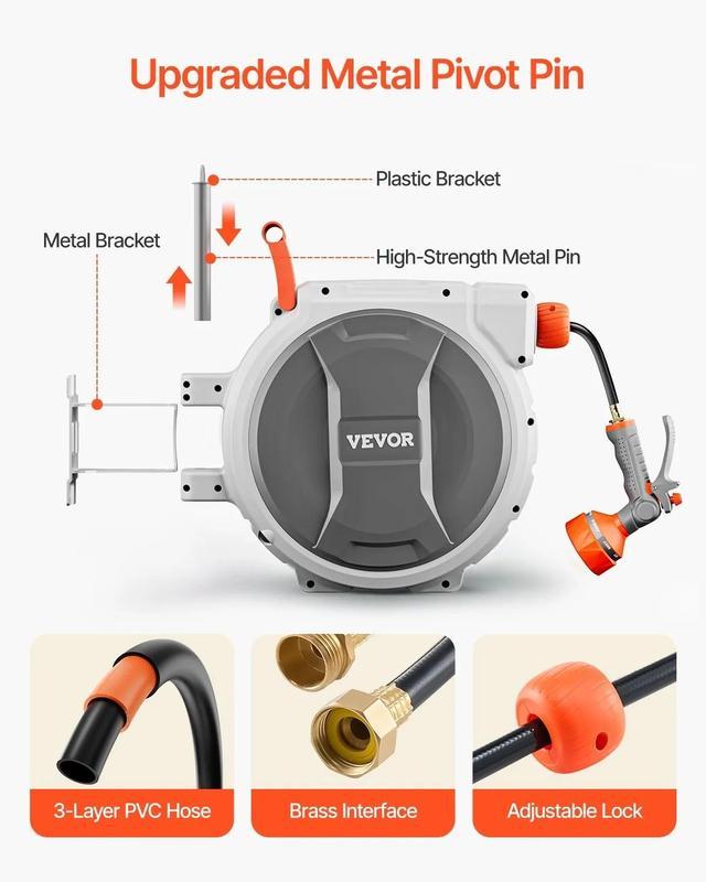 Enrollador de Manguera de Jardín Retráctil VEVOR, 5/8" x 30 m, Montaje en Pared, Resistente, con Boquilla de 9 Patrones, Bloqueo de Longitud Ajustable, Sistema Mejorado de Retorno Lento y Soporte Giratorio 180°