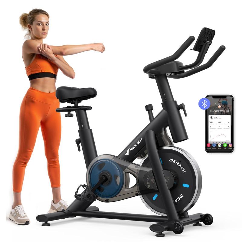 Bicicleta Estática Merach con Nuevo Modo de Juego RPM, Asiento Cómodo, Transmisión Silenciosa, Soporte para Tablet y App Exclusiva con Cursos de Fitness – Entrenamiento Cardio en Casa