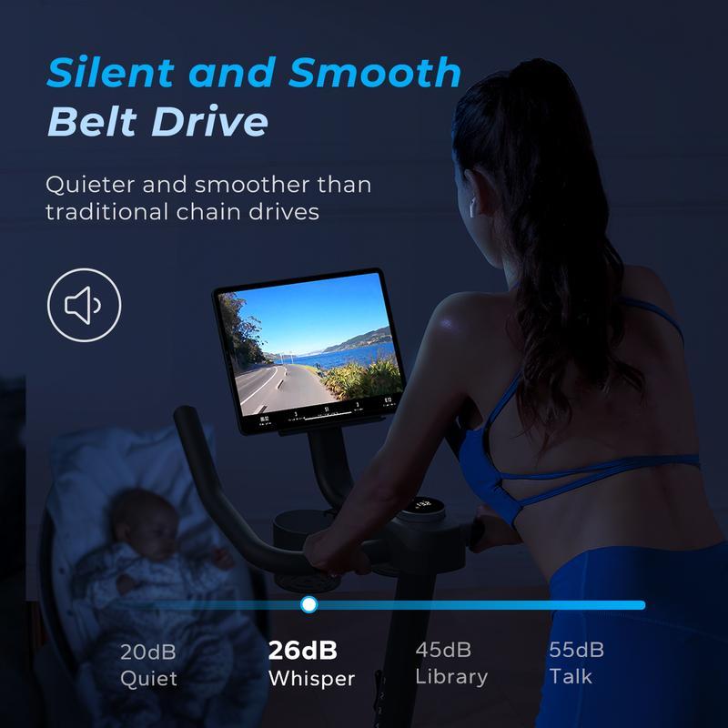 Bicicleta Estática Merach con Nuevo Modo de Juego RPM, Asiento Cómodo, Transmisión Silenciosa, Soporte para Tablet y App Exclusiva con Cursos de Fitness – Entrenamiento Cardio en Casa