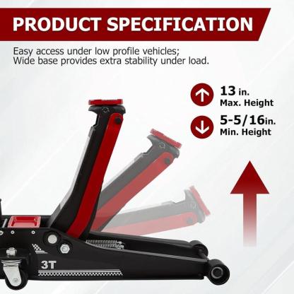 Gato Hidráulico de Piso de 3 Toneladas – Perfil Bajo, Doble Bomba de Elevación Rápida, Descenso Seguro Certificado GS, Rango de Elevación 8.5 a 50 cm – Herramienta para Reparación de Autos