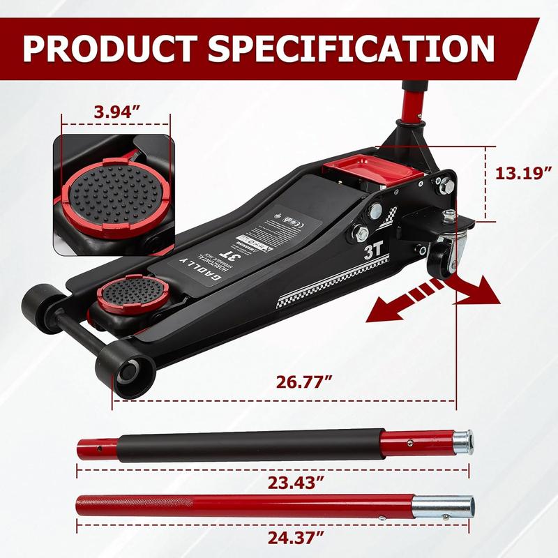 Gato Hidráulico de Piso de 3 Toneladas – Perfil Bajo, Doble Bomba de Elevación Rápida, Descenso Seguro Certificado GS, Rango de Elevación 8.5 a 50 cm – Herramienta para Reparación de Autos