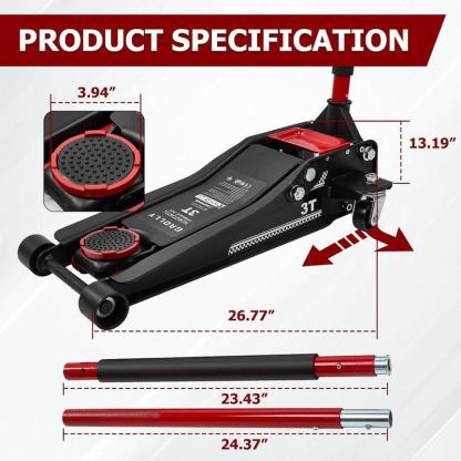 Gato Hidráulico de Piso de 3 Toneladas – Perfil Bajo, Doble Bomba de Elevación Rápida, Descenso Seguro Certificado GS, Rango de Elevación 8.5 a 50 cm – Herramienta para Reparación de Autos