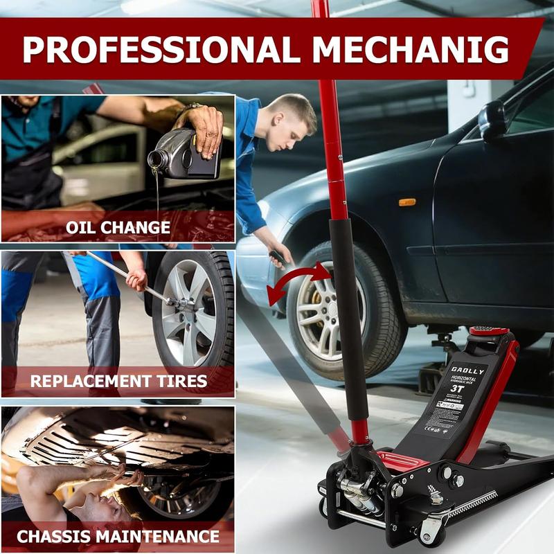 Gato Hidráulico de Piso de 3 Toneladas – Perfil Bajo, Doble Bomba de Elevación Rápida, Descenso Seguro Certificado GS, Rango de Elevación 8.5 a 50 cm – Herramienta para Reparación de Autos