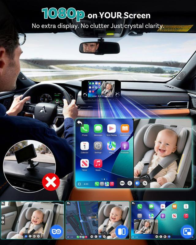 Cámara para Bebé OTTOCAST con Adaptador CarPlay Inalámbrico – Monitor Trasero 1080P HD en Pantalla del Auto, Ángulo Amplio de 150°, Visión Nocturna Sin Deslumbramiento, Seguridad para Niños y Bebés