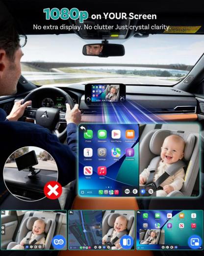 Cámara para Bebé OTTOCAST con Adaptador CarPlay Inalámbrico – Monitor Trasero 1080P HD en Pantalla del Auto, Ángulo Amplio de 150°, Visión Nocturna Sin Deslumbramiento, Seguridad para Niños y Bebés