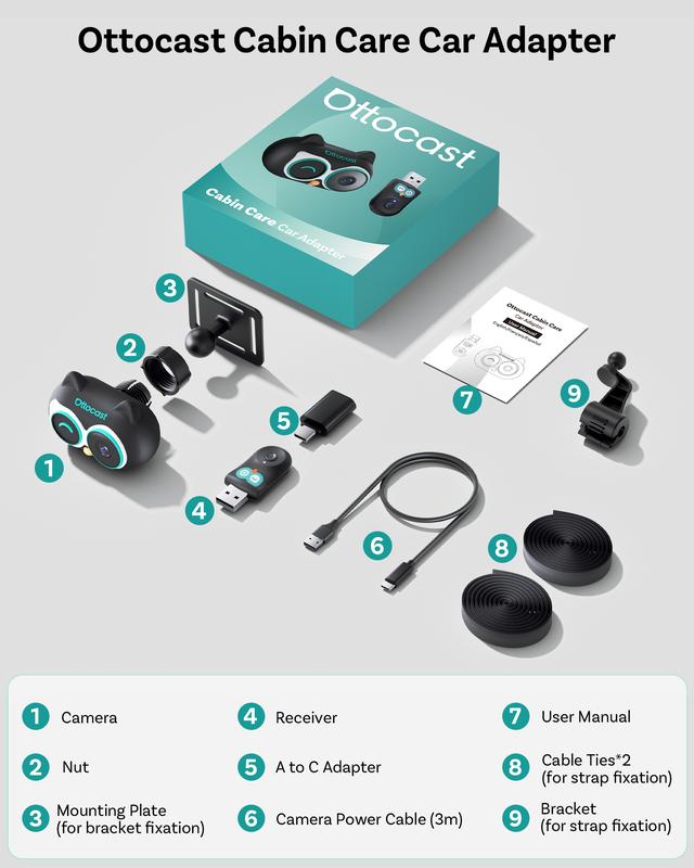 Cámara para Bebé OTTOCAST con Adaptador CarPlay Inalámbrico – Monitor Trasero 1080P HD en Pantalla del Auto, Ángulo Amplio de 150°, Visión Nocturna Sin Deslumbramiento, Seguridad para Niños y Bebés