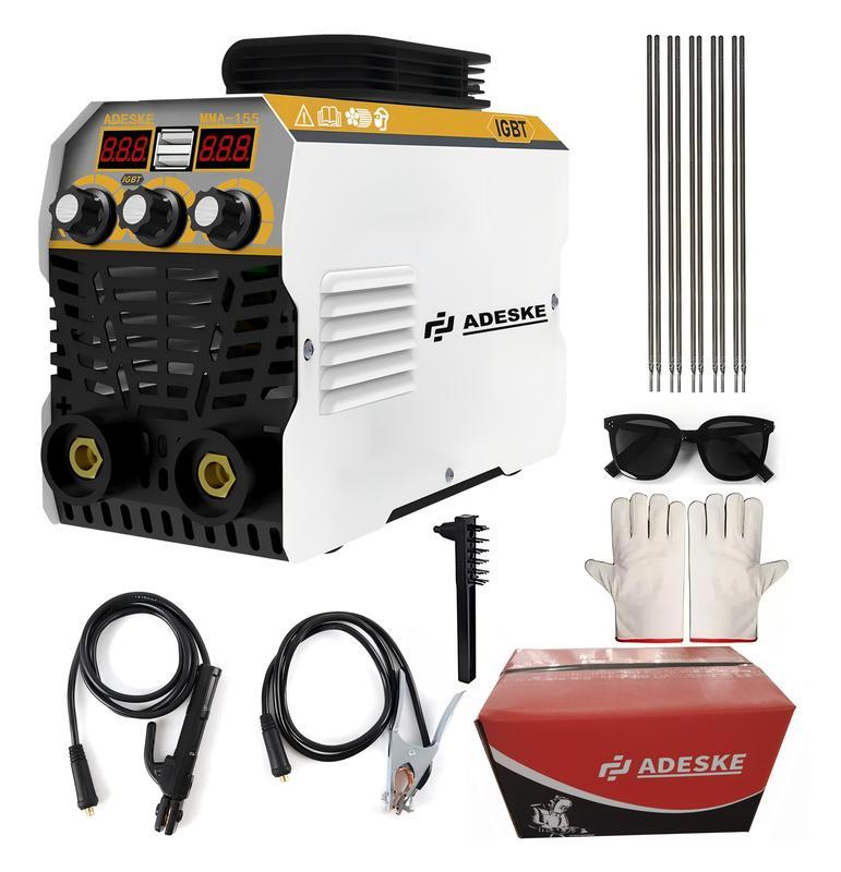 Máquina de Soldar Portátil ADESKE MMA-155 – Doble Voltaje 110V/220V, Salida de 120A, Pantalla Digital, Protección contra Sobrecarga, Kit Completo de Soldadura para Hogar, Reparación de Autos y Construcción