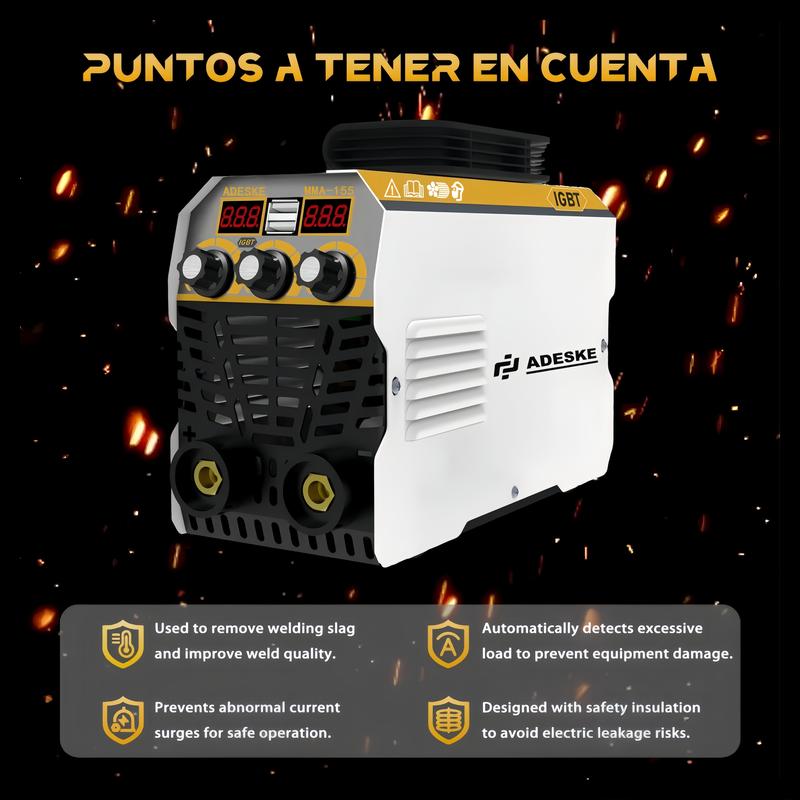 Máquina de Soldar Portátil ADESKE MMA-155 – Doble Voltaje 110V/220V, Salida de 120A, Pantalla Digital, Protección contra Sobrecarga, Kit Completo de Soldadura para Hogar, Reparación de Autos y Construcción