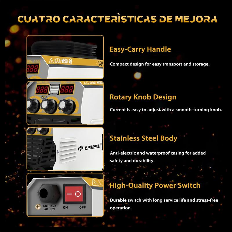 Máquina de Soldar Portátil ADESKE MMA-155 – Doble Voltaje 110V/220V, Salida de 120A, Pantalla Digital, Protección contra Sobrecarga, Kit Completo de Soldadura para Hogar, Reparación de Autos y Construcción