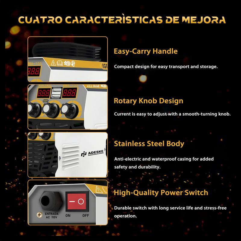 Máquina de Soldar Portátil ADESKE MMA-155 – Doble Voltaje 110V/220V, Salida de 120A, Pantalla Digital, Protección contra Sobrecarga, Kit Completo de Soldadura para Hogar, Reparación de Autos y Construcción