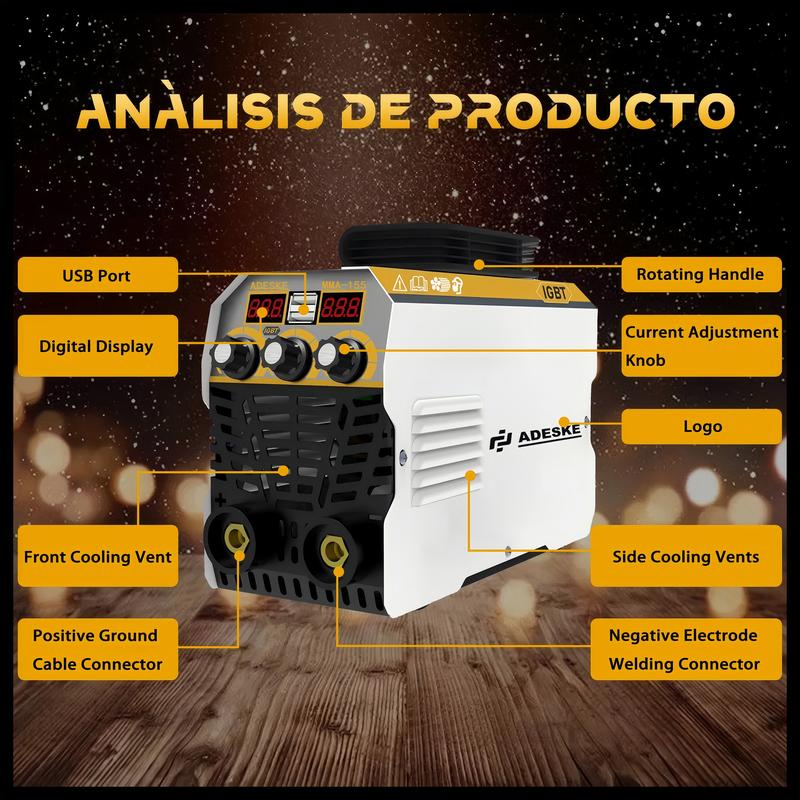 Máquina de Soldar Portátil ADESKE MMA-155 – Doble Voltaje 110V/220V, Salida de 120A, Pantalla Digital, Protección contra Sobrecarga, Kit Completo de Soldadura para Hogar, Reparación de Autos y Construcción