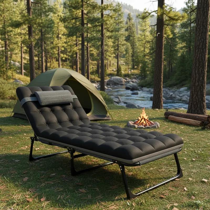 Silla de playa plegable con respaldo acolchado y ajuste en 5 posiciones, adecuada para acampadas al aire libre y uso en interiores.