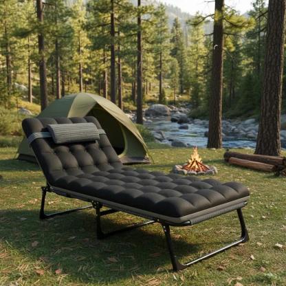 Silla de playa plegable con respaldo acolchado y ajuste en 5 posiciones, adecuada para acampadas al aire libre y uso en interiores.