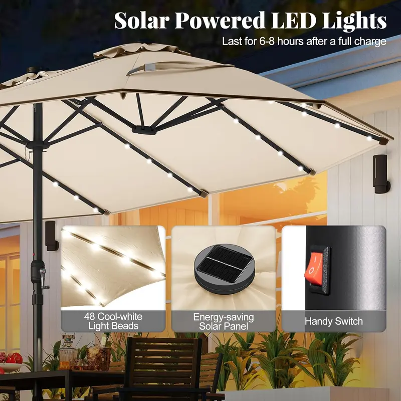 Sombrilla solar para patio de 15 pies con base — Sombrilla doble extra grande para exteriores, con 36 luces LED y manivela; ideal para jardín, terraza, piscina y patio.