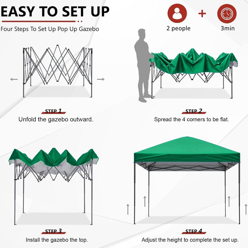 Carpa plegable de 10 x 10, refugio portátil comercial emergente, toldo para exteriores resistente a la lluvia y al sol, adecuado para reuniones familiares, fiestas y actividades al aire libre.