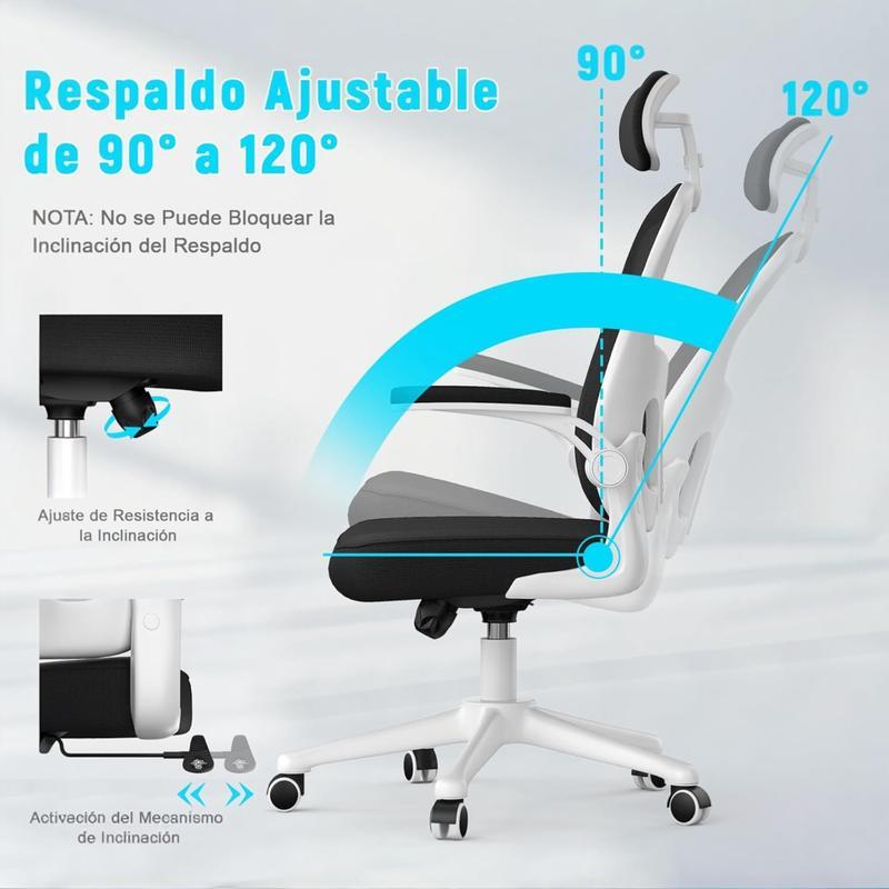 Silla de Oficina, para Gaming, Escritorio Ergonmica con Reposacabezas, Ajustable y con Soporte Lumbar Respaldo de Malla Transpirable Reposabrazos Abatibles de 90 Giratoria 360