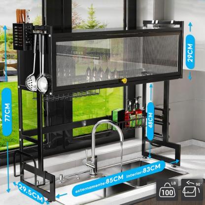 Escurridor De Trastes Acero Inoxidable 85cm Negro con Puertas Abatibles y Soporte para Cuchillos Antimanchas de Aceite y A Prueba de Polvo