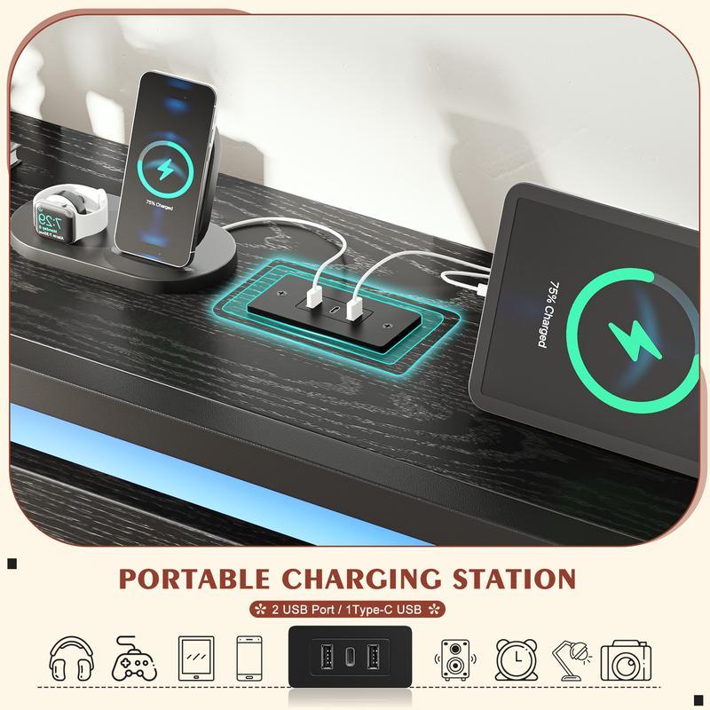 Marco de cama de madera para cama Queen King Full con cabecero y estante de almacenamiento, marco de cama tamaño Queen con luces LED y estación de carga, sin colchón, soporta hasta 900 libras con listones y marco de metal, sin ruido