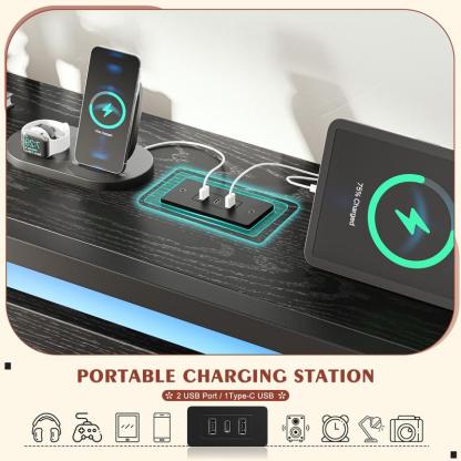 Marco de cama de madera para cama Queen King Full con cabecero y estante de almacenamiento, marco de cama tamaño Queen con luces LED y estación de carga, sin colchón, soporta hasta 900 libras con listones y marco de metal, sin ruido