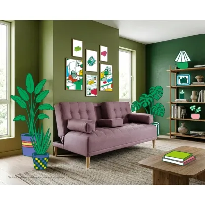 Sofá Cama de Lino Azul Makora Con Portavasos Modelo Queen