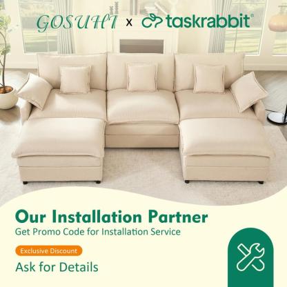 Sofá modular seccional en forma de U de 274 cm - Comfy Cloud de 3 plazas con 2 otomanas móviles, sofá Cloud, sofá de lino con asiento profundo para sala de estar, color beige, diseño cómodo y elegante, color rosa chenilla.