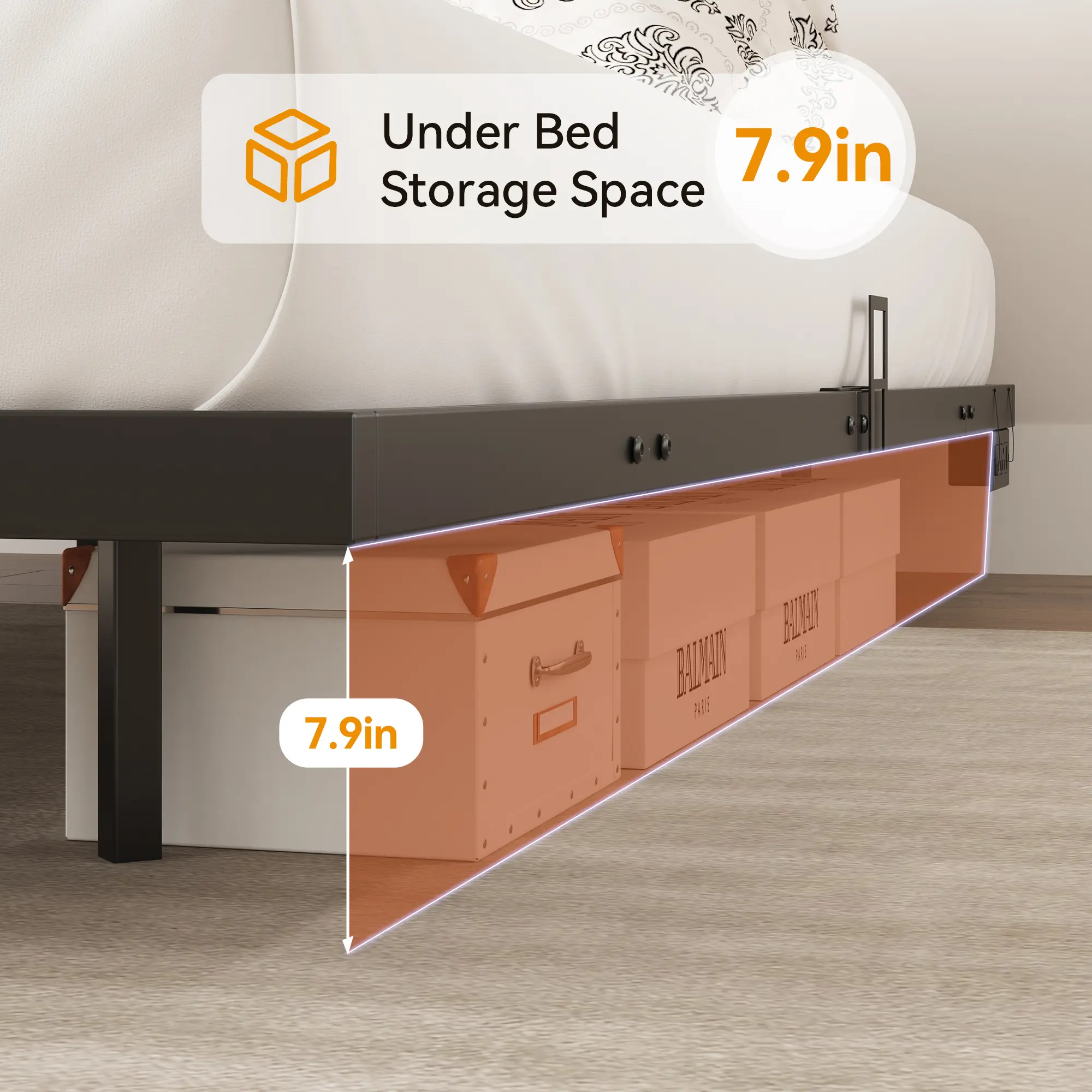 Estructura de cama flotante, base de plataforma metálica con luces LED, estación de carga con 2 tomas de corriente y puertos USB, no requiere somier, antideslizante, silenciosa, fácil montaje.