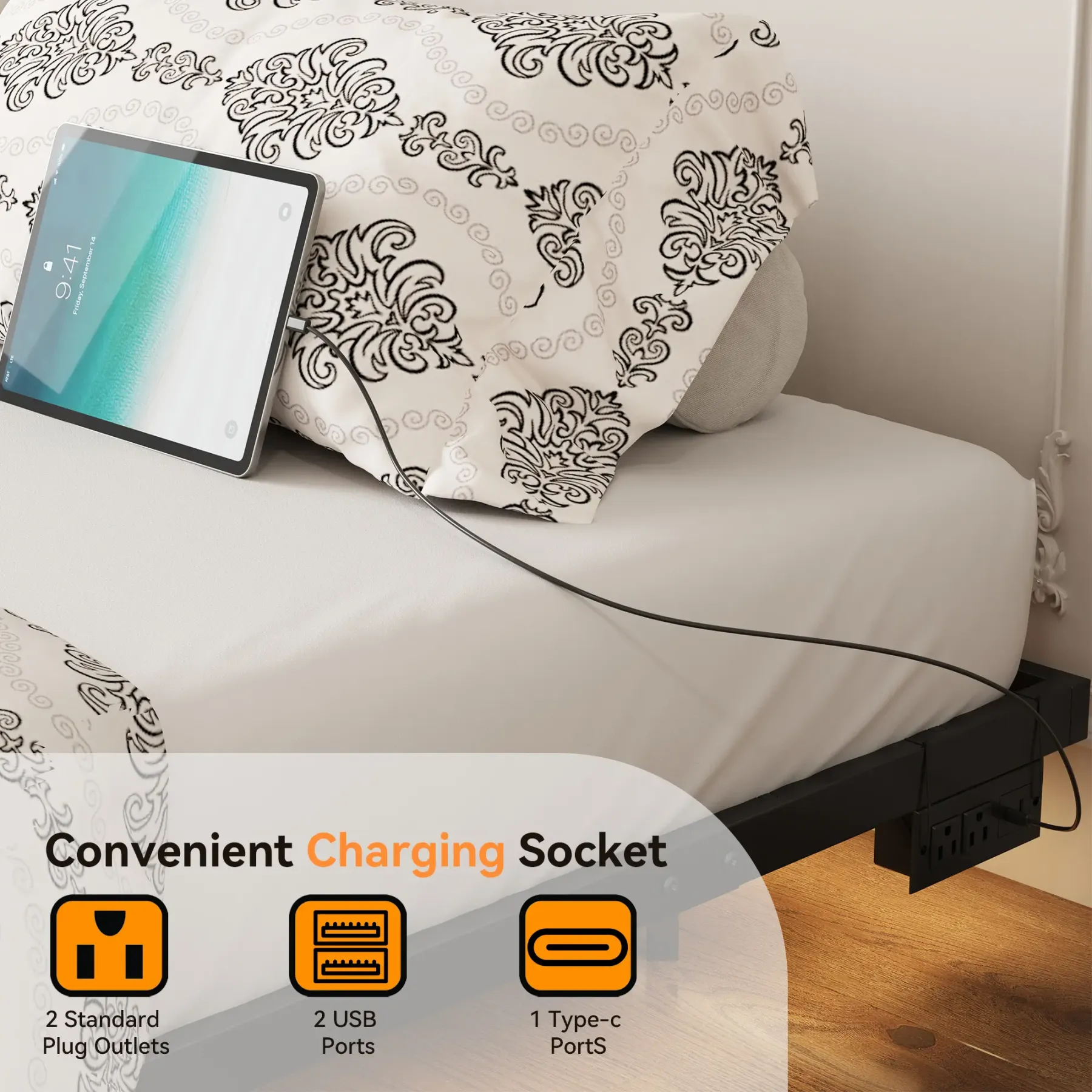 Estructura de cama flotante, base de plataforma metálica con luces LED, estación de carga con 2 tomas de corriente y puertos USB, no requiere somier, antideslizante, silenciosa, fácil montaje.