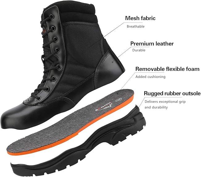 Botas tácticas militares para hombre - Botas negras de cuero suave y transpirable con puntera redonda para hombre, botas de trabajo, calzado para caminar, calzado para jóvenes, botas de trabajo cerradas.