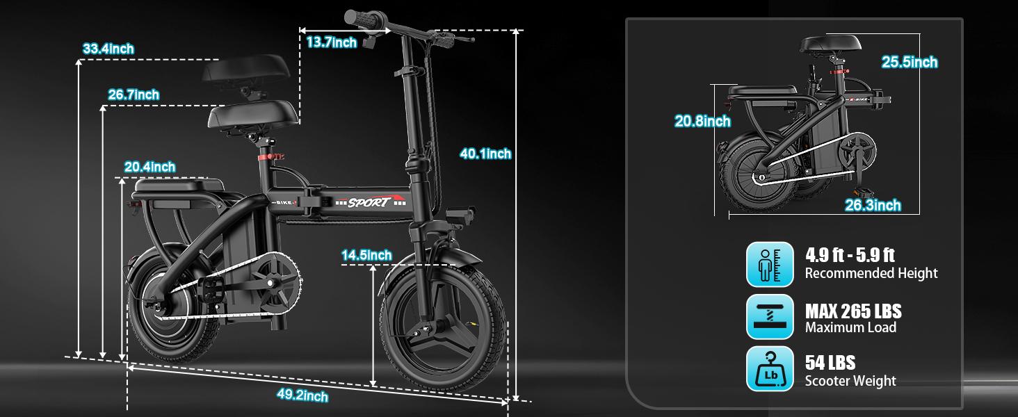 Pikabike Z6 Electric Bike | Peak 1200W | 25MPH | 14" Pneumatic Tires | 22-40 Mile Range l Rear Disc Brake l Foldable l Two Seats