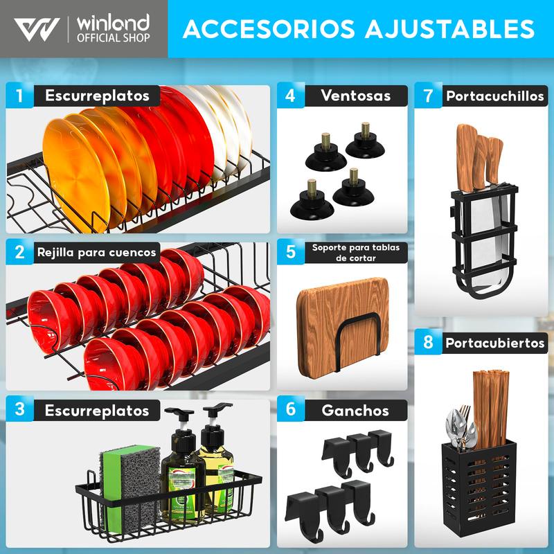 Escurridor De Trastes Acero Inoxidable 85cm Negro con Puertas Abatibles y Soporte para Cuchillos Antimanchas de Aceite y A Prueba de Polvo