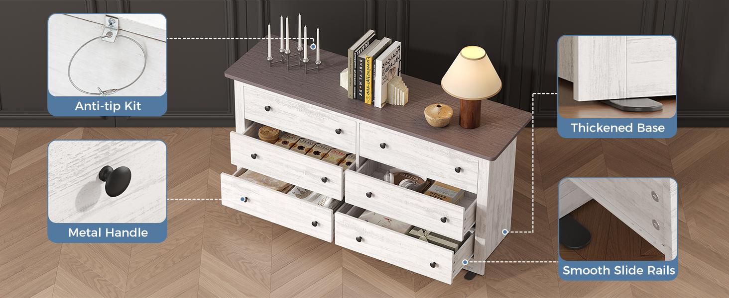 59in Wood Dresser 6 Drawer Storage Cabinet Vintage Dresser Chest of Drawers for Bedroom and Living Room