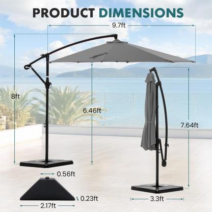 【Con base】 Sombrilla excéntrica de 10 pies para patio exterior (con base) — Inclinación y manivela sencillas, pantalla de poliéster ajustable para jardín, patio trasero y zona de piscina.