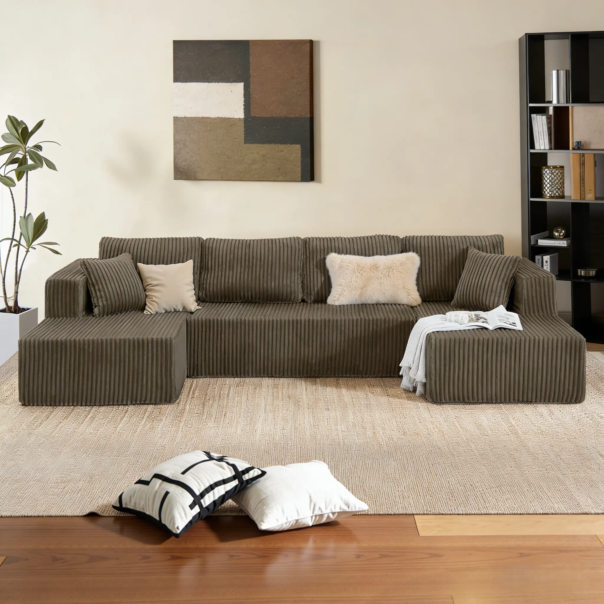 [Envío de 3 o 2 paquetes] [Sofá seccional] Sofá seccional modular en forma de U, tela de pana comprimida, sofá cama de estilo moderno para sala de estar, diseño reclinable que ahorra espacio - Sofá seccional convertible de pana