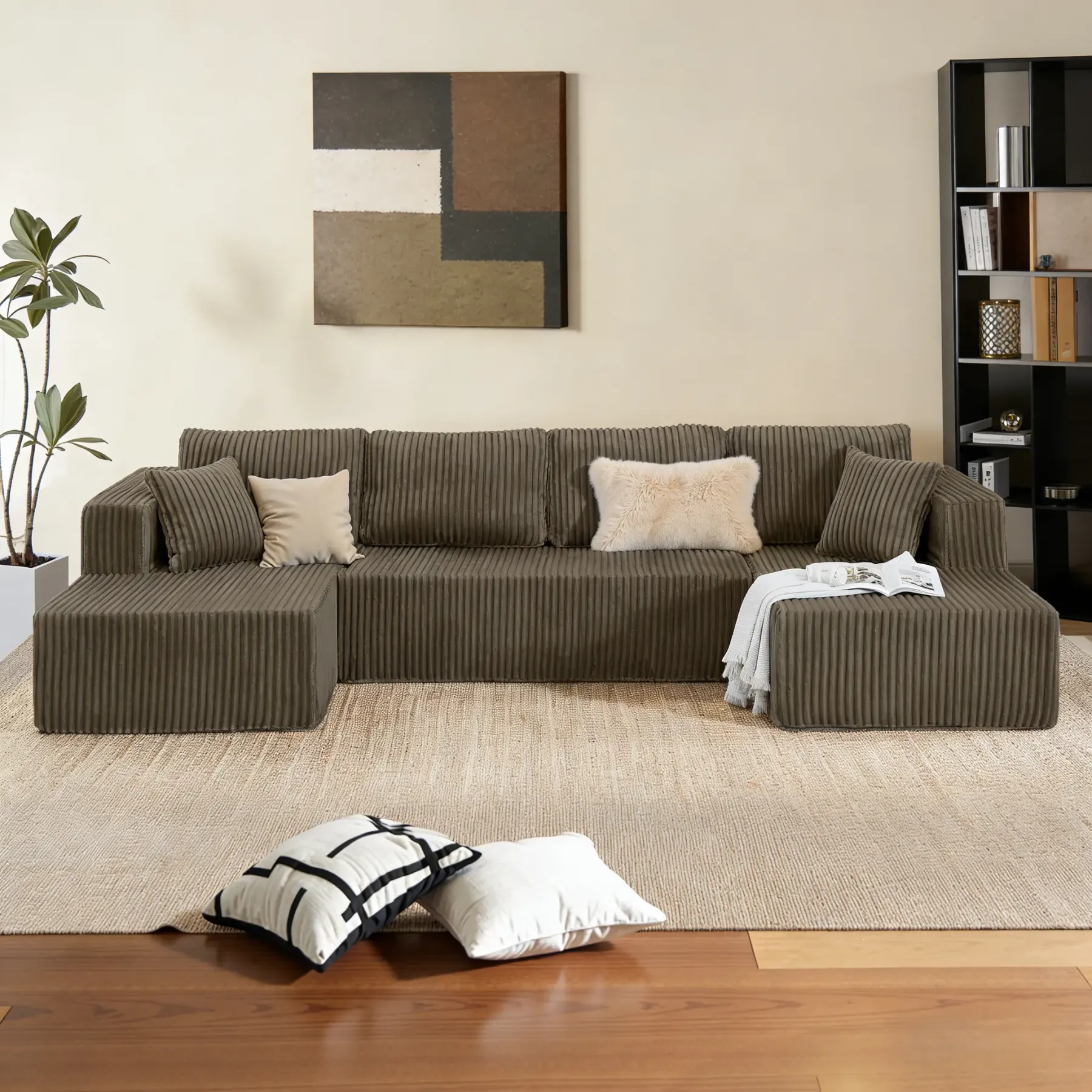 [Envío de 3 o 2 paquetes] [Sofá seccional] Sofá seccional modular en forma de U, tela de pana comprimida, sofá cama de estilo moderno para sala de estar, diseño reclinable que ahorra espacio - Sofá seccional convertible de pana