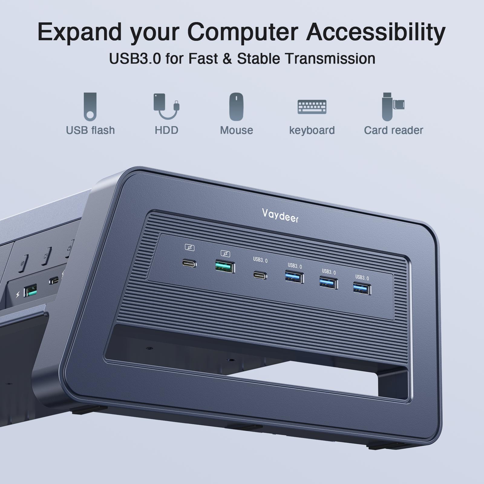 Vaydeer Metal Dual Monitor Stand Riser with 8USB Ports and Wireless Charging Pad with LED Light Strip for 2 Monitors , with2 Drawers, Desk Organizer for PC, iMac (39.3 inches),TikTokShopBlackFriday