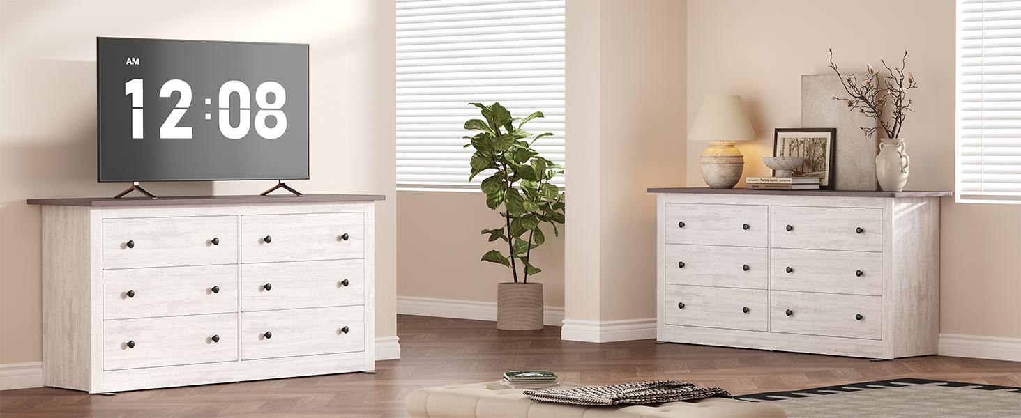 59in Wood Dresser 6 Drawer Storage Cabinet Vintage Dresser Chest of Drawers for Bedroom and Living Room