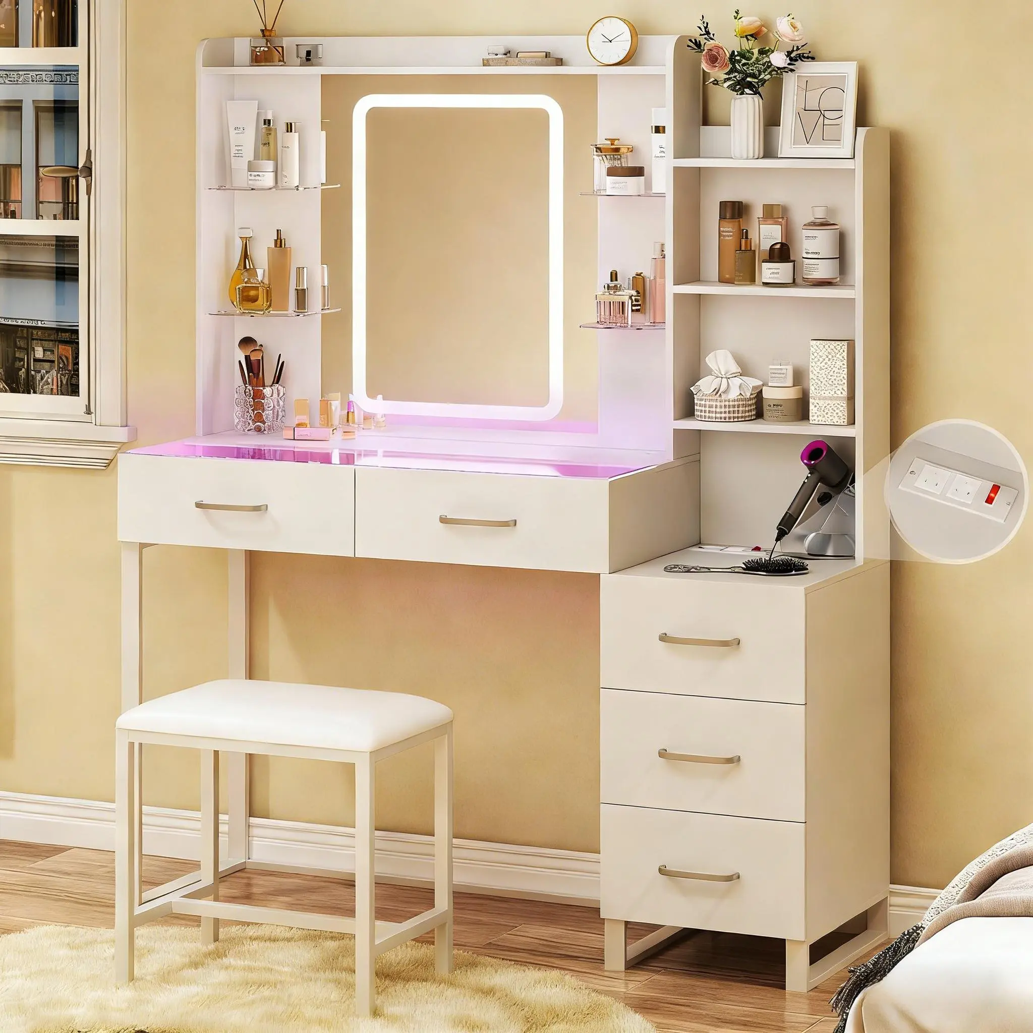Tocador con espejo y luces LED, tocador de 145 cm con cubierta de vidrio y carga inalámbrica, cajones RGB y toma de corriente con interruptor de seguridad para dormitorio, color blanco.