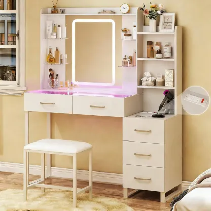 Tocador con espejo y luces LED, tocador de 145 cm con cubierta de vidrio y carga inalámbrica, cajones RGB y toma de corriente con interruptor de seguridad para dormitorio, color blanco.