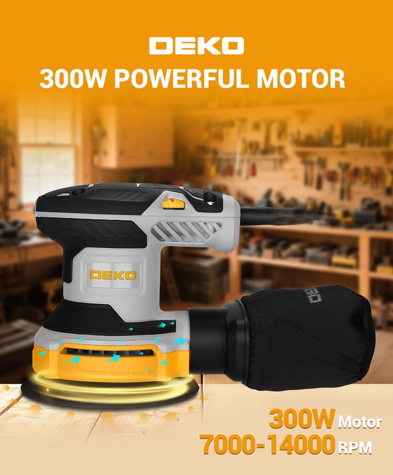 DEKOPRO Random Orbital Electric Sander with 16 Sandpapers, 14000RPM, 5-Inch, High Performance Dust Collection - For Woodworking