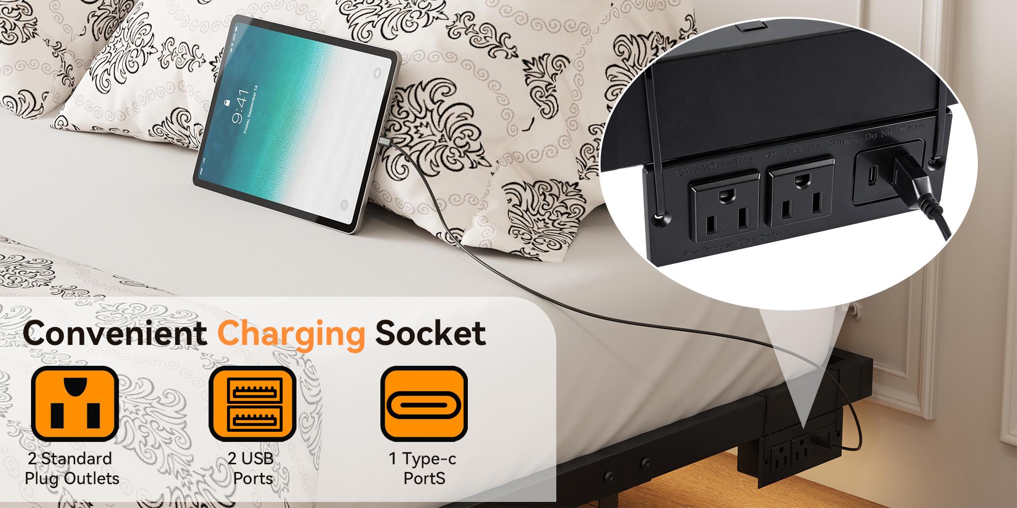 Floating Bed Frame, Metal Platform Bed Frame with LED Lights, Charging Station with 2 Outlets & USB Ports, No Box Spring Needed, Anti-Sliding, Noise Free, Easy Assembly