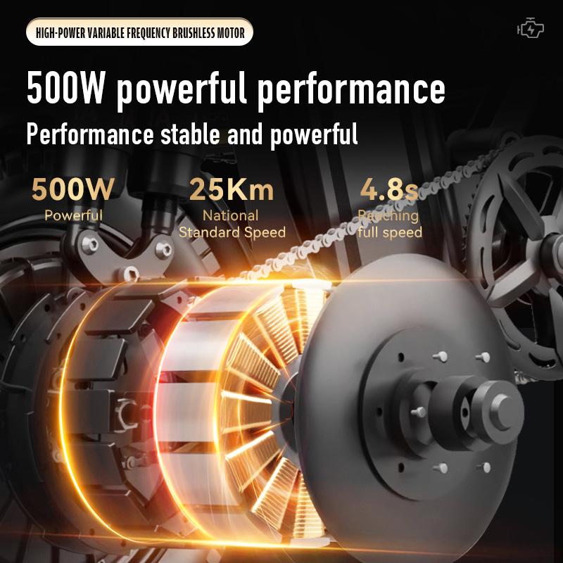 Bicicleta eléctrica plegable para adultos con motor de 500 W, sistema de amortiguación de 16 niveles, batería de 48 V y 15 Ah, y una autonomía de 100 kilómetros. Ruedas, pedales, bicicleta eléctrica, cargador.
