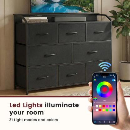 Cómoda Sweetcrispy con 8 cajones de tela, tomas de corriente y luz LED — Mueble de almacenamiento multifuncional y soporte para TV, ideal para dormitorio, sala de estar, oficina o pasillo.