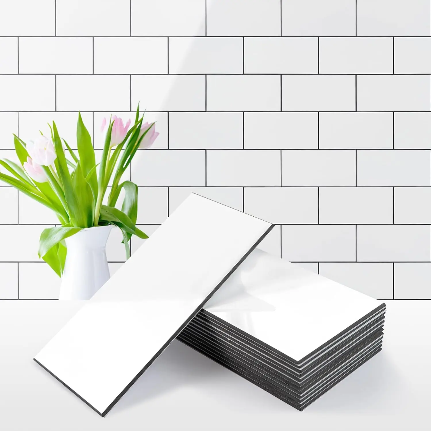 Vamos Tile 100Pcs Water Proof Glossy White Peel and Stick Backsplash,3''x6'' PVC Subway Tile, Stick on Backsplash for Kitchen/Bathroom Decoration Stickers Decorative Ornaments
