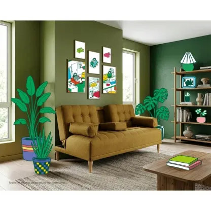 Sofá Cama de Lino Azul Makora Con Portavasos Modelo Queen